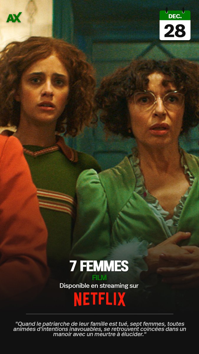 alxserix's tweet photo. Le film #7Femmes est dès maintenant disponible en streaming sur @NetflixFR.
"Quand le patriarche de leur famille est tué, sept femmes, toutes animées d'intentions inavouables, se retrouvent coincées dans un manoir avec un meurtre à élucider."
#Netflix https://t.co/GqMuiCtGEV