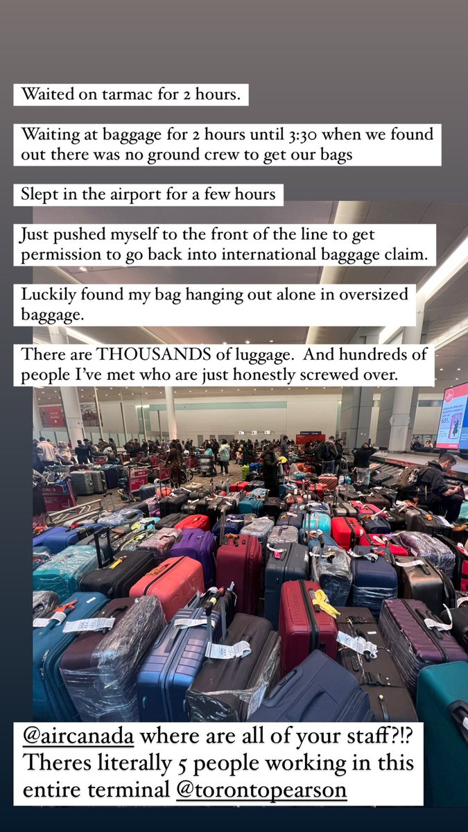tiffyleeson's tweet photo. @TorontoPearson @AirCanada I understand weather delays but I waited until 3:30am (24th am) to find out YYZ had NO ground staff for our bags. had to sleep at the airport &amp; managed to find mine amoung 1000’s. Such a security risk!! Hardly any staff. How can you not have a ton of staff for the busiest days? https://t.co/OJkPjeJw7l