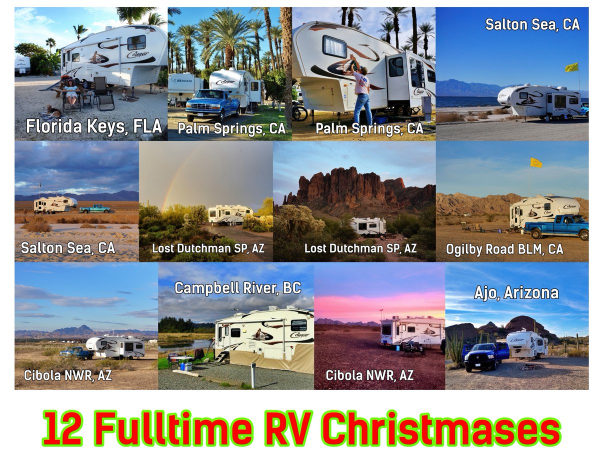 LoveYourRV's tweet photo. Wishing a very Merry Christmas &amp; Happy Holidays to all my friends/family and folks that follow our RV adventures. Looking back today, I said to Anne we have now spent 12 Christmases in our good old Cougar fifth wheel. I dug up a photo of each campsite. Cheers! 🥂 https://t.co/V7vyt3Auht