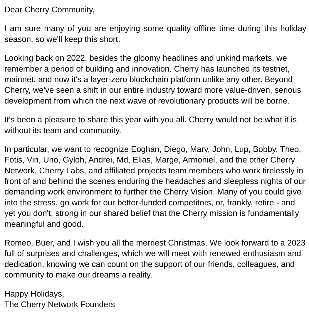 Message to the <a href="/Cherry_Network/">Cherry</a> community from our founders.