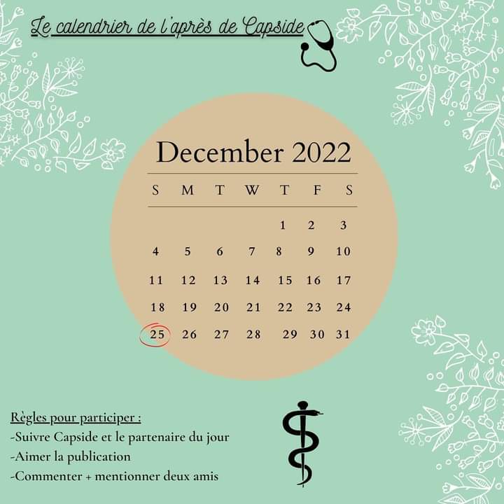 Hello 🌸,
Capisde te propose un calendrier de l’après !
Du 25 Décembre au 1er janvier 🎄
Les règles sont simples ;
-Suivre Capside et le partenaire du jour
-Aimer la publication 
-Commenter + mentionner deux amis