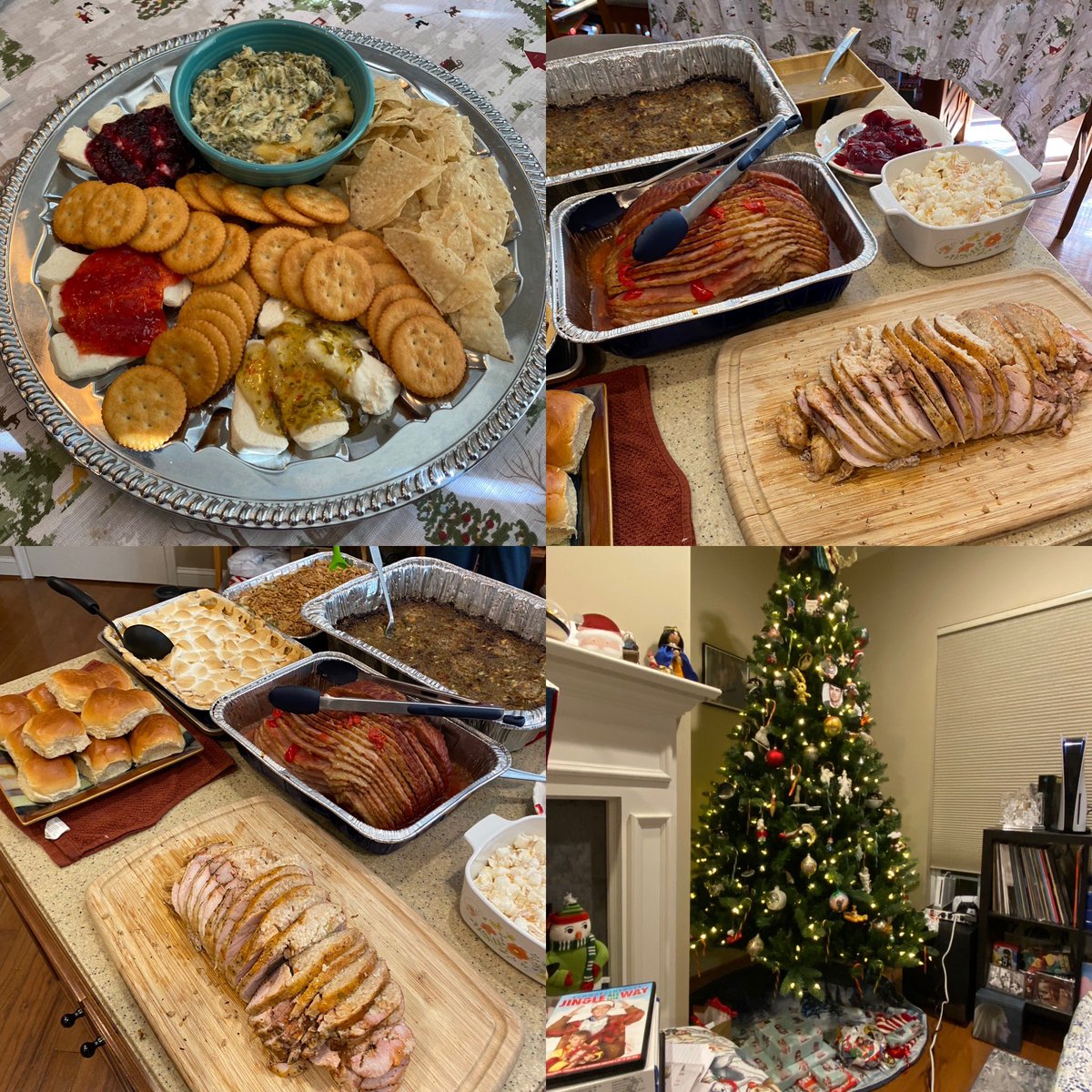 LisaGilcrease's tweet photo. Merry Christmas Day ya’ll 🎄
Christmas Feast 💚💜💛
#turducken #cherrycolaham #greenbeancasserole #marshmallowfruitsalad #sweetpotatocasserole #gibletgravy #cornbreaddressing https://t.co/NDZQG5kU47