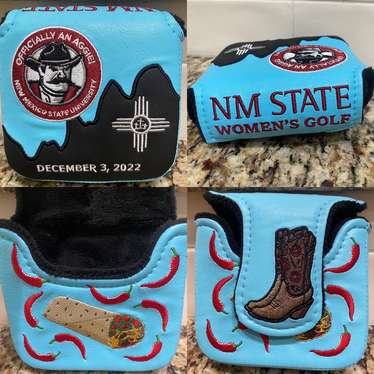 EmmaTGolf's tweet photo. Thank you @golficonic and Nicole Bowen for helping my Mom create this amazing custom putter cover to celebrate my verbal commit to @NMStateWGolf earlier this month. I can’t wait to play for Coach Danny and be part of the @NMStateAggies! https://t.co/yFJ1PpEmWn