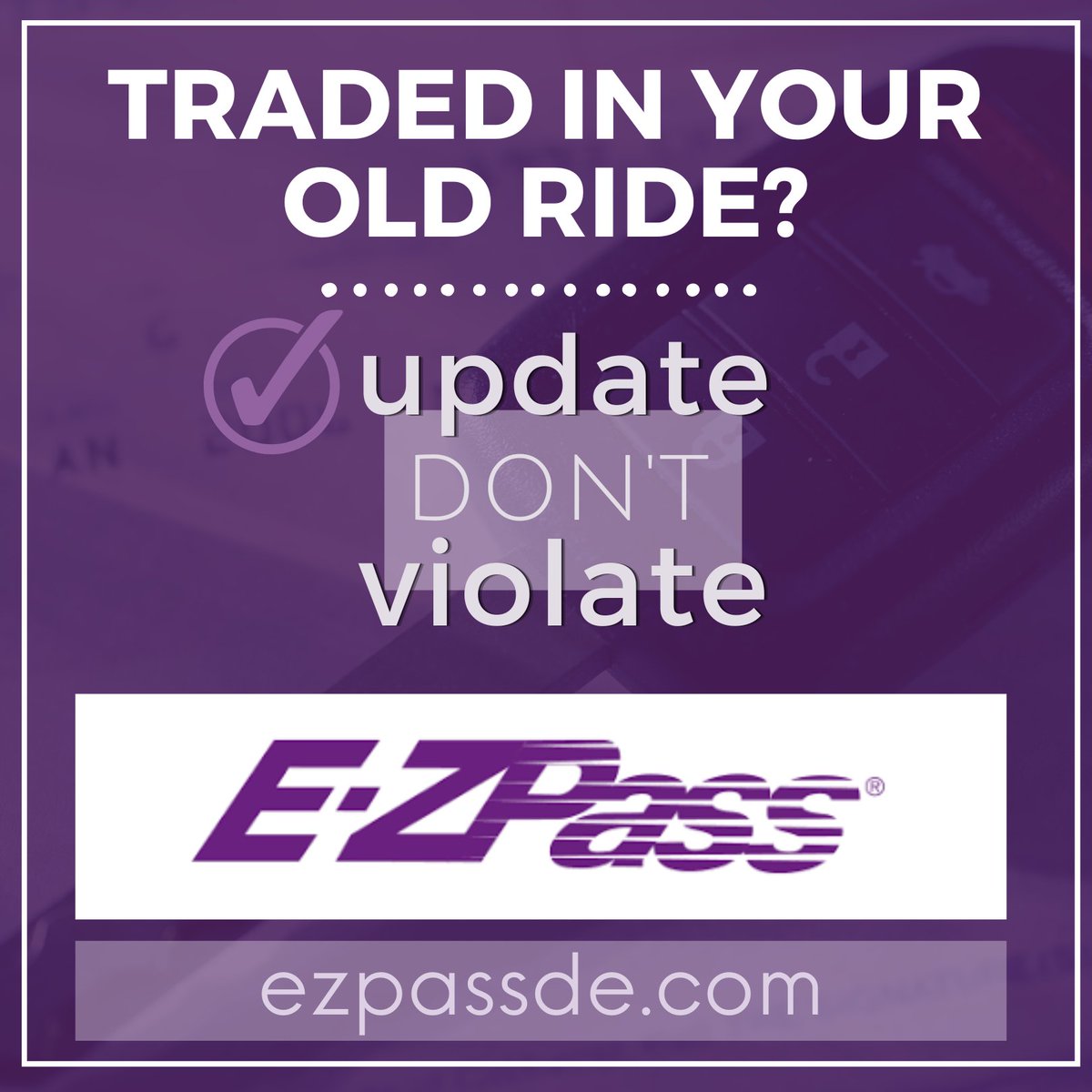 DelawareDMV's tweet photo. Did you recently sell a vehicle? Don't forget to remove it from your E-ZPass account. 🚙 Keeping the below updated is one of the easiest ways to avoid unnecessary violations.
⚪Name
⚪Address
⚪License plate #
⚪Vehicle make, model, year, and color
#UpdateDontViolate https://t.co/fSihjDXPIg