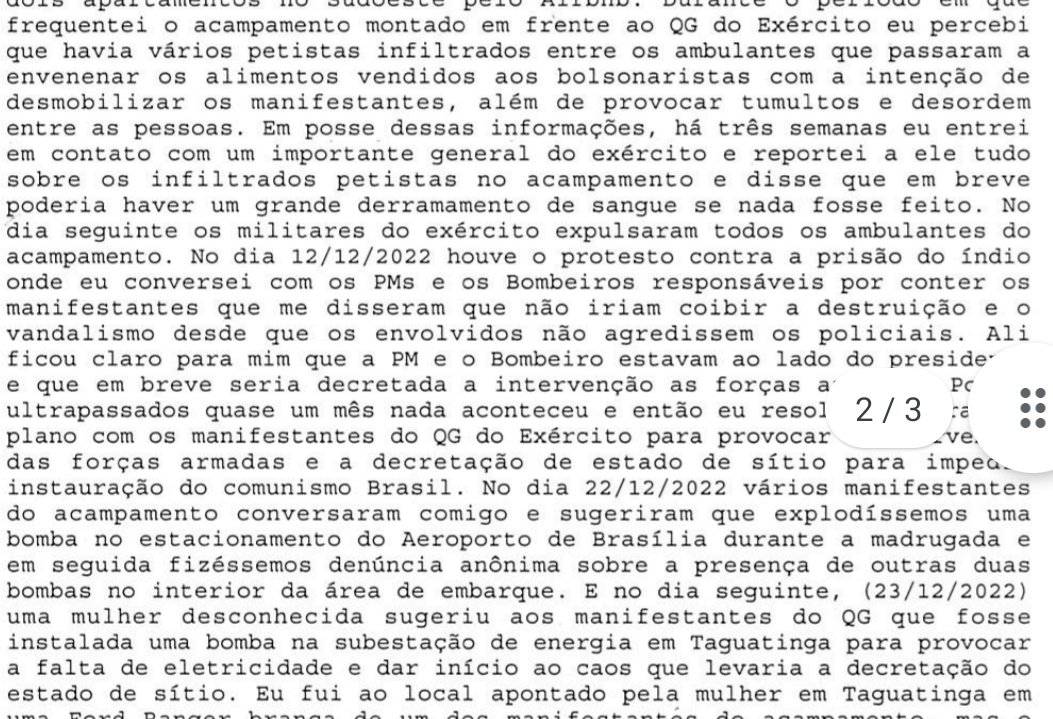 reporterenato's tweet photo. TERRORISMO: Em depoimento a polícia, homem que implantou bombas perto do Aeroporto de Brasília disse que teria avisado a general do Exército de ataque e que conversou com policiais de Brasília e percebeu que eles não atuariam para impedir ataques que ocorreram no centro da cidade https://t.co/tZS7z4Nhca