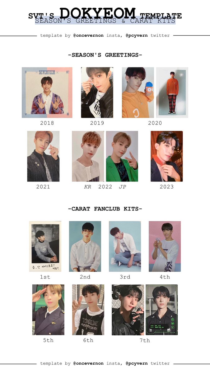 pcyvern's tweet photo. seventeen season’s greetings and carat membership kit photocards templates updated with the 2023 sg and the 7th carat kit photocards added :) all members are available at this link: https://t.co/WCSSBQorpH https://t.co/XifOdeaqBt