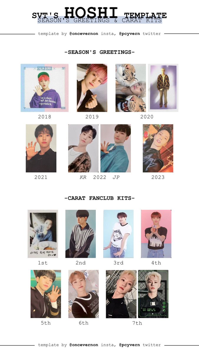 pcyvern's tweet photo. seventeen season’s greetings and carat membership kit photocards templates updated with the 2023 sg and the 7th carat kit photocards added :) all members are available at this link: https://t.co/WCSSBQorpH https://t.co/XifOdeaqBt