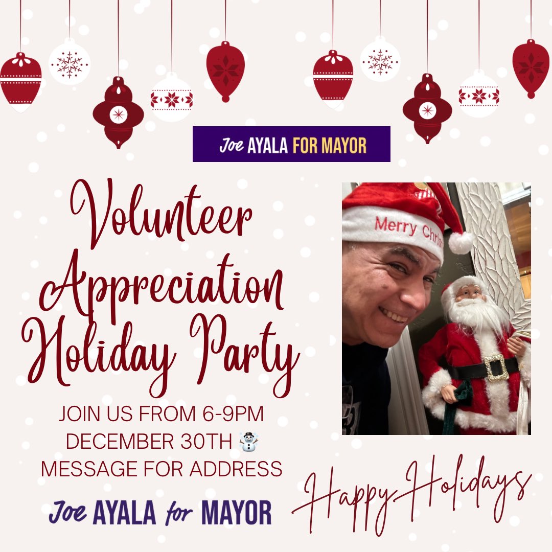 AyalaForMayor's tweet photo. We’d like to invite our supporters to our Volunteer Appreciation Holiday Party! ☃️ We are thankful for all the love &amp; support we’re received in the last 2 years, and we’re hoping to share some of that appreciation with you. Message us for the address, &amp; we hope to see you there! https://t.co/sPol3zWk4z
