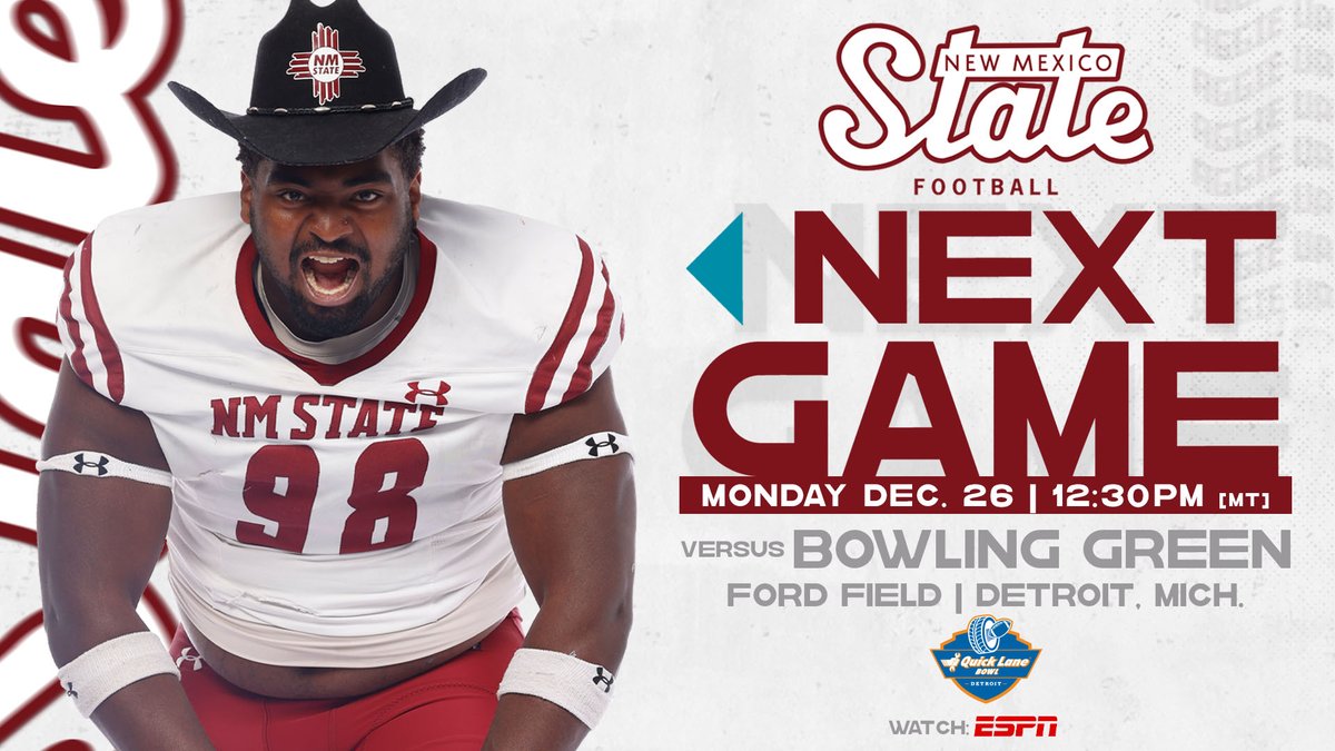 NMStateFootball's tweet photo. Tomorrow, we bowl. 

🆚: Bowling Green
📍: Detroit, Mich. (Ford Field)
📺: ESPN
⏰: 12:30 MT / 2:30 ET

📰: https://t.co/ZvPK5eQxQN https://t.co/6mt3mMfTwL
