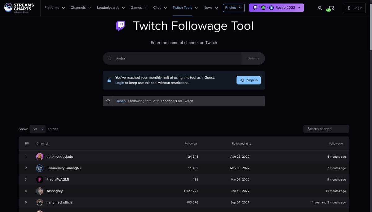 cyb_detective's tweet image. Twitch Followage Tool
Enter the Twitch username and get a complete list of channels he/she follows (with start dates)
(for each channel you can see detailed statistics on subscribers, audience of each stream etc.)
streamscharts.com/tools/followage
#twitch #osint