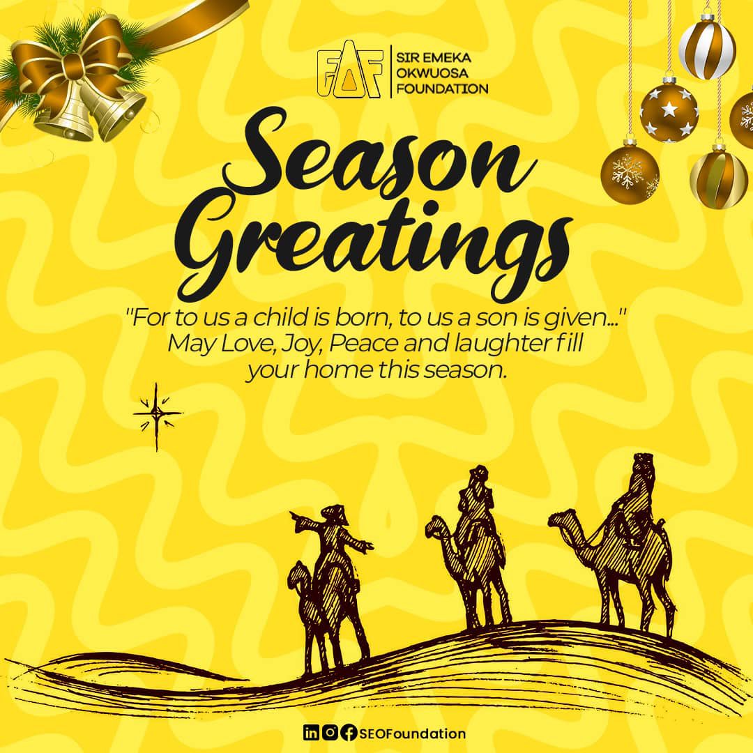 SEOFoundationn's tweet photo. May this season find you among those you love, sharing in the twin glories of generosity and gratitude.
Merry Christmas!
From all of us @SEOFoundationn
#merrychristmas #thesiremekaokwuosafoundation #SEOF #happyyuletide #celebration https://t.co/waeqIQwm1R