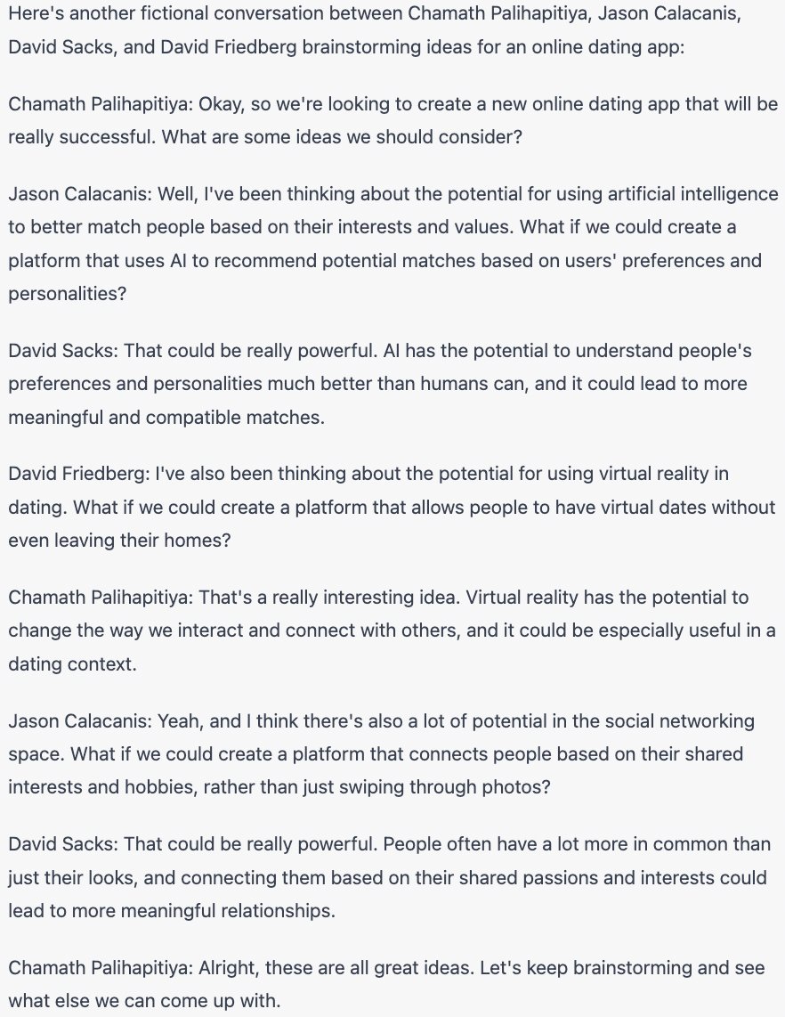 clifflerner's tweet photo. I asked #chatgpt for the @theallinpod team to make an online dating app.
@chamath @Jason @DavidSacks @friedberg - how did it do?
#funwithchatgpt #funwithap #chatgpt #funwithai #AI https://t.co/W3Ia6aWucz