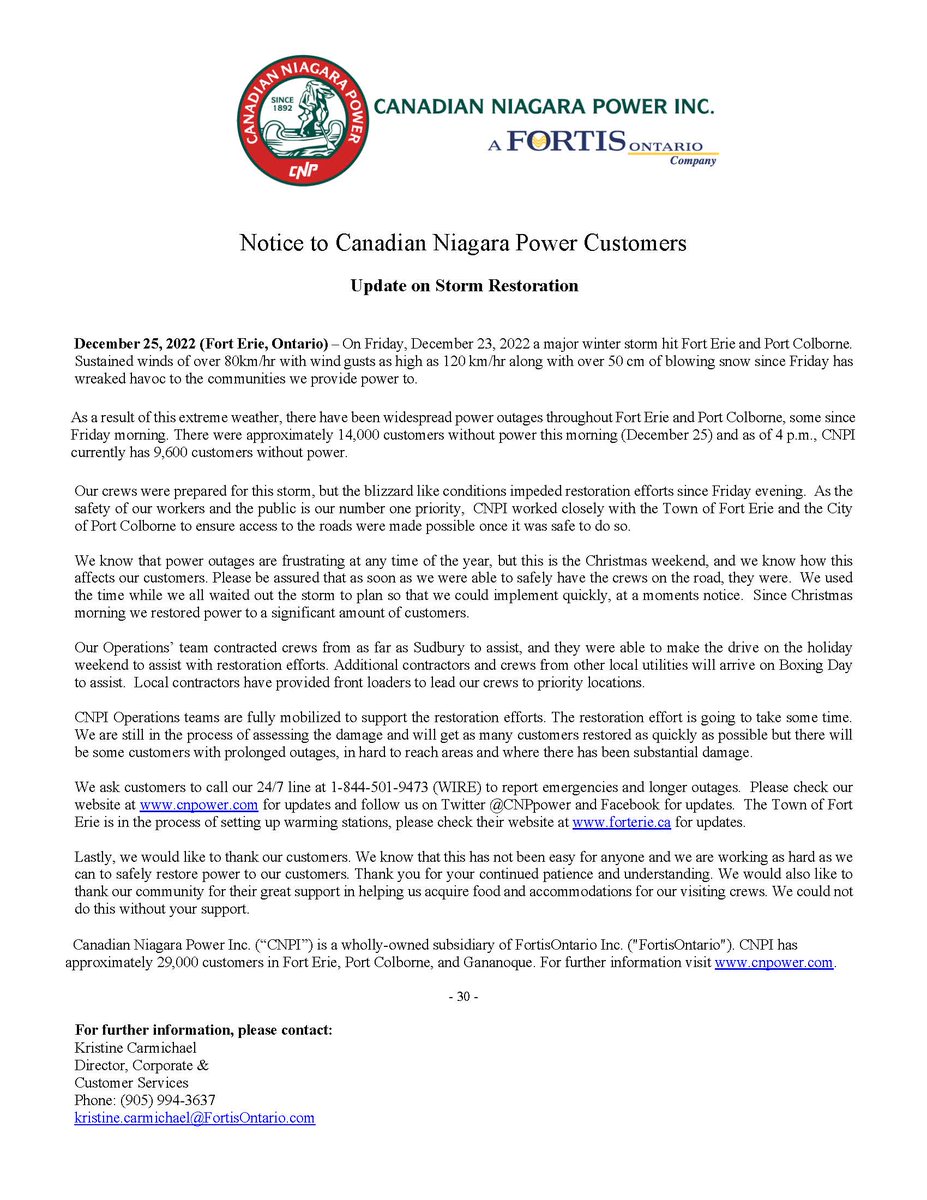 CanadianNiagaraPower (@cnppower) on Twitter photo Notice to Customers - Update on Storm Restoration @ONStorm2022 <a href="/PortColborne/">City of Port Colborne</a> <a href="/TownOfFortErie/">townofforterie</a> Notice to Customers - Update on Storm Restoration @ONStorm2022 <a href="/PortColborne/">City of Port Colborne</a> <a href="/TownOfFortErie/">townofforterie</a>