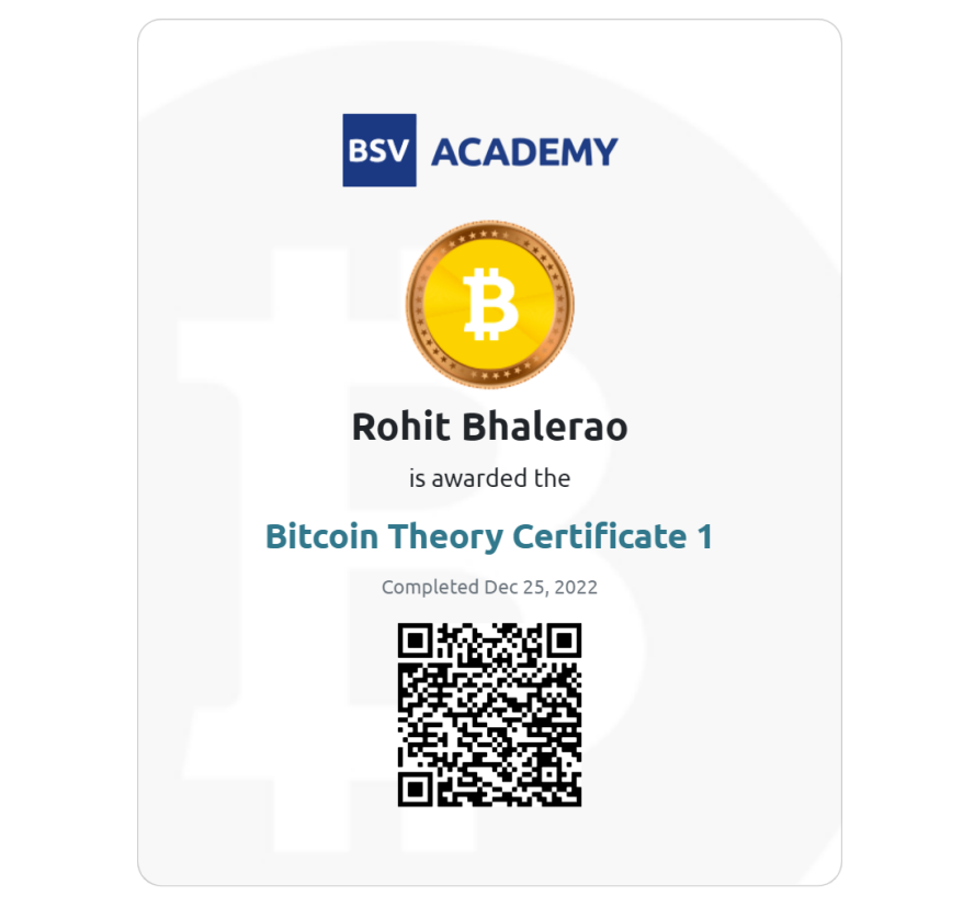Yayyy! I finally completed the Bitcoin Theory course from BSV Academy! Excited to start a new journey in Bitcoin development!

<a href="/BSVBlockchain/">BSV Blockchain</a> 

#Blockchain #BTC #BSV
