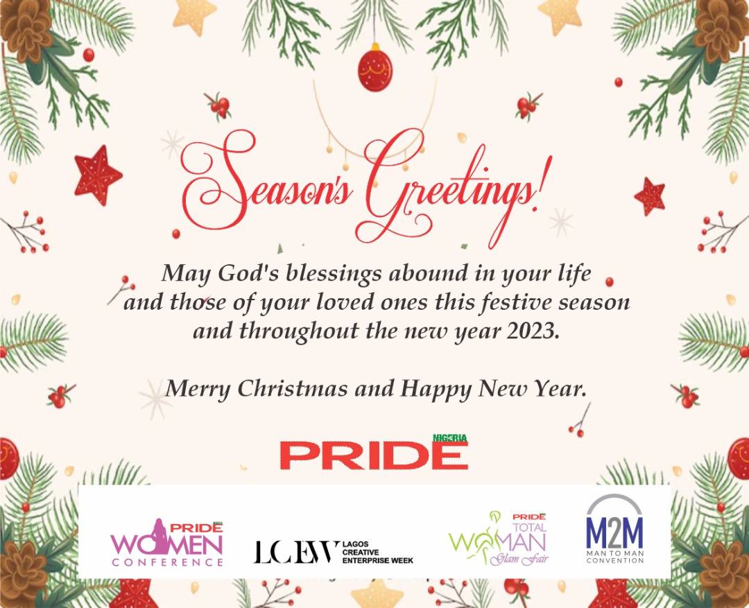 pridemagng's tweet photo. Season's Greetings!

From all of us at Pride Multi-media Ventures.

Remember to #TakePrideDaily.

#MerryChristmas #SeasonsGreetings
#EmotionalWellbeingIsOurGoal 
#MakingCreativityPay https://t.co/xNQNDTSkp1