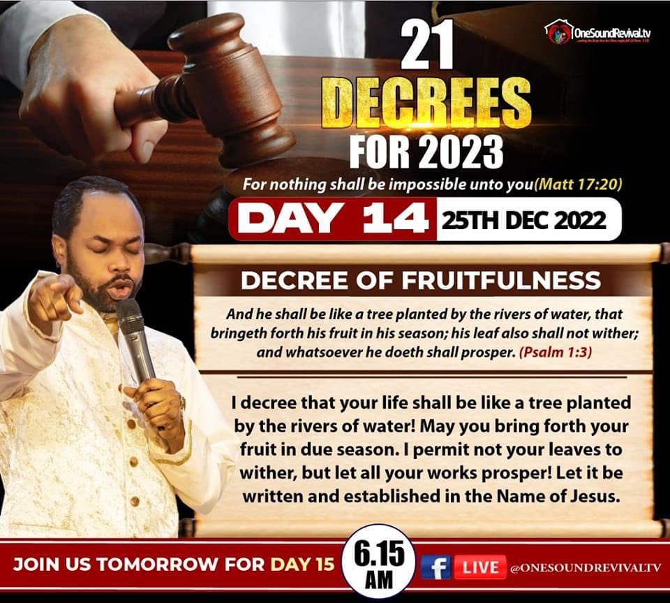 MMichaels_'s tweet photo. Day 14: 21 Decrees for 2023
Scriptural text: Psalms 1:3
Declare and say Amen!!!
Join Prophet Isaiah for 2023 seed prayers from Monday - Thursday on Facebook @Onesoundrevivaltv at 6:15am GMT+1
#onesoundrevivaltv
#prophetisaiahwealth
#gospelpillarschurch
#praywiththeprophet https://t.co/kwGU7jEjjY