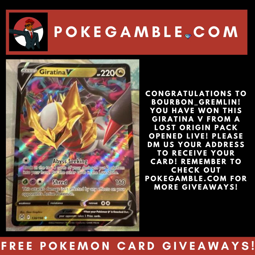 PokeGambleStore's tweet photo. Congratulations to @bourbon_gremlin for winning this Giratina V from a Lost Origin pack opened LIVE! Please dm me your info so we can ship this card out ASAP!
Check out https://t.co/AGr3nOHccF for daily pokemon giveaways https://t.co/BumNVnEO7K