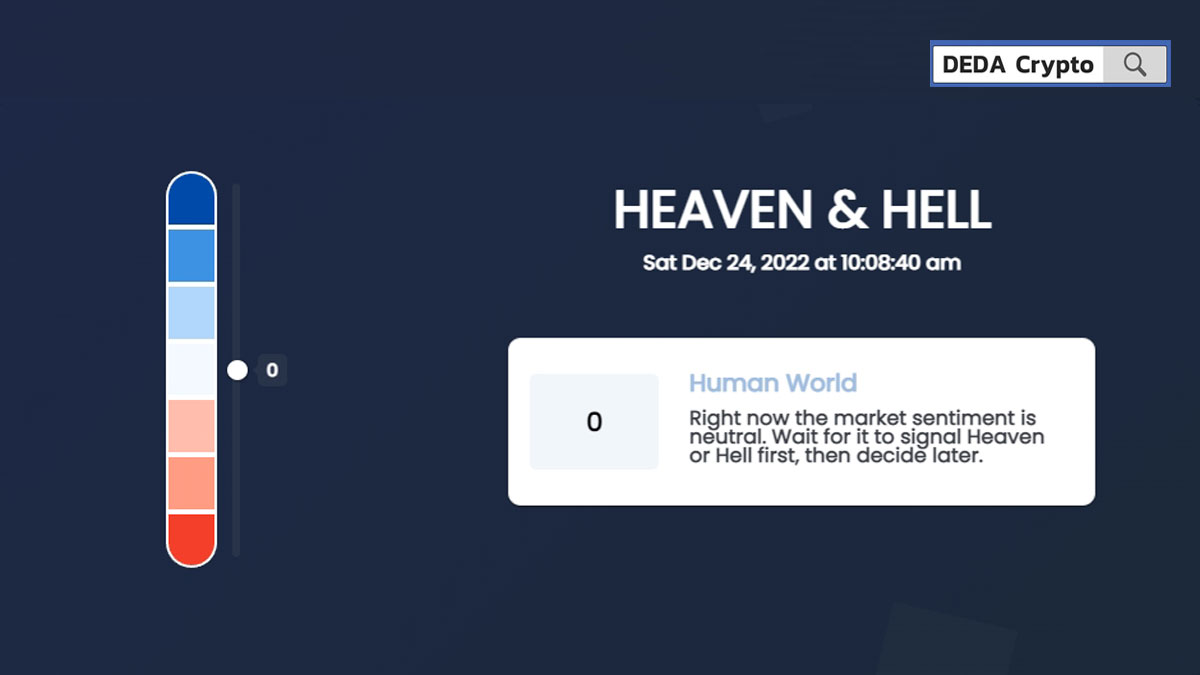 data_deda's tweet photo. What emotion is driving the Crypto market today?
😇Heaven? or 😈Hell?  

24 Dec. 2022
Human World 0%

☁️Heaven is a response to bullish market
🔥Hell is a response to bearish market 

Follow the Emotions Right pointing backhand index 👉
@DEDA

#Crypto #HeavenNHell #Hnh https://t.co/Q67kiiyqqJ
