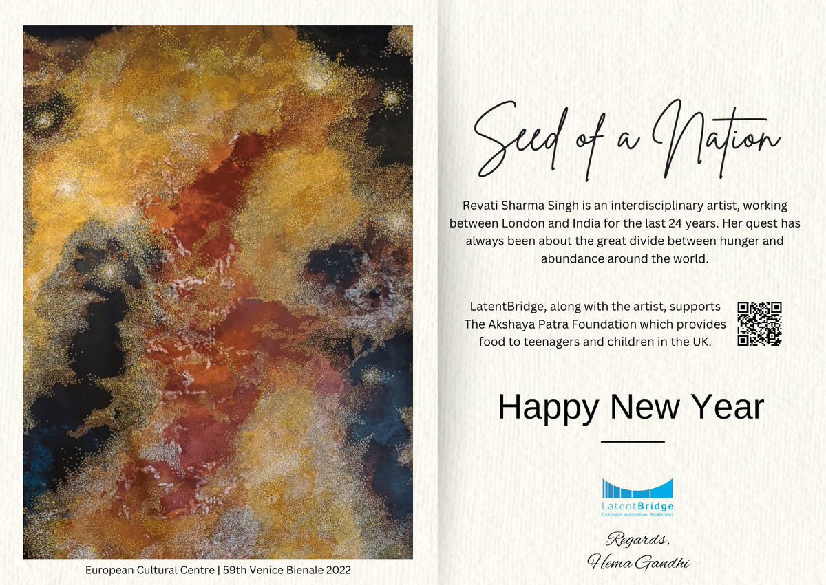 Hemas__'s tweet photo. As the year draws to a close, I thank our employees, board, clients, partners and community for the support to help LatentBridge get better. We, along with the renowned artist Revati Sharma Singh, will provide meals to children in the U.K. and India, working with TAPF https://t.co/z4HYb9601I