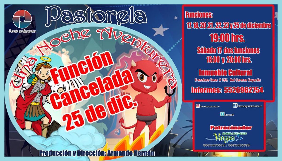 Querido Publico, lamentablemente por el clima que cambio rotundamente nos vemos a la necesidad de CANCELAR la función de cierre, nuestra PASTORELA “Una Noche Aventurera” en Casa Robles centro Cultural. 
Nos Vemos el próximo año en nuestros nuevos estrenos
Gracias 🙏