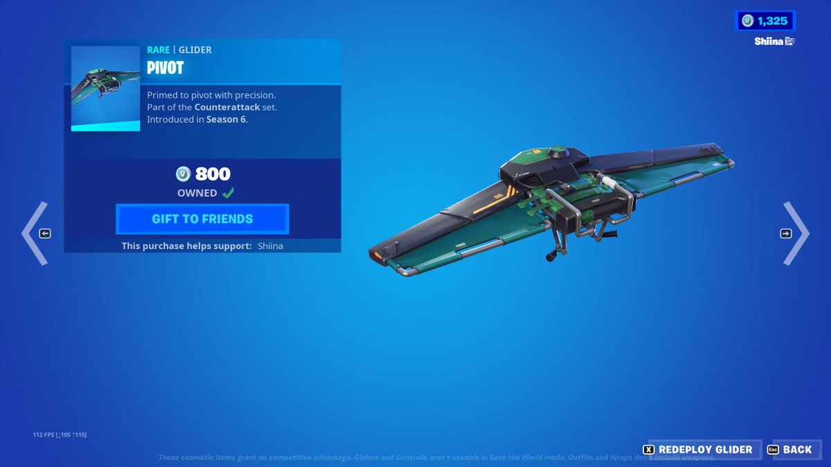 ShiinaBR's tweet photo. The Pivot glider from the Reflex skin (NVIDIA Exclusive) returned to the Item Shop after 1400 days! https://t.co/2ZSswKYJeT