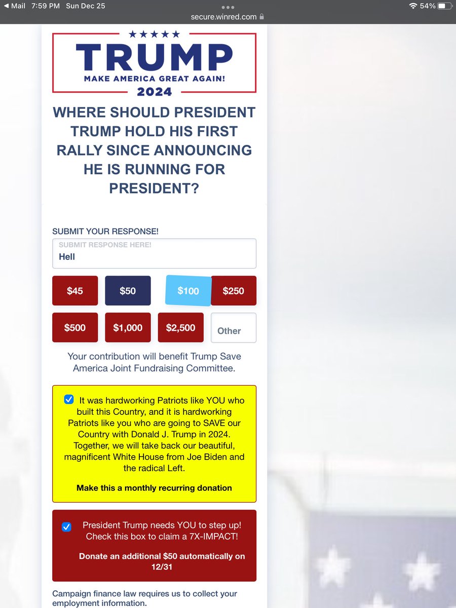 bluffmt's tweet photo. I don’t know why I get these, but the $100 button dances around and the monthly option + the additional $50 at the end of the year.  There goes $1250 just to infuriate invisible liberals.  Trump fleeces his followers ruthlessly and they follow. https://t.co/o0V1Ph47xC