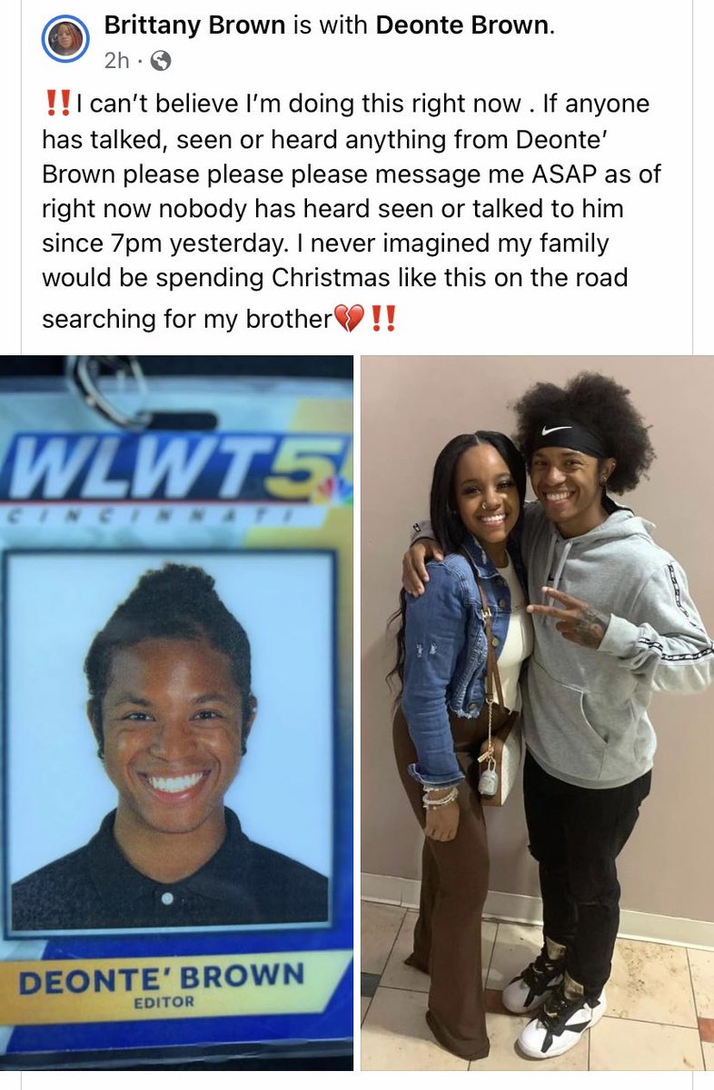MarkVSlaughter's tweet image. #WLWT is missing our photog Deonte’ Brown, he just disappeared in a white, unmarked news vehicle (Ford Escape) on Christmas Eve after 7:00 last night

PLEASE HELP if you know anything about this young man!!