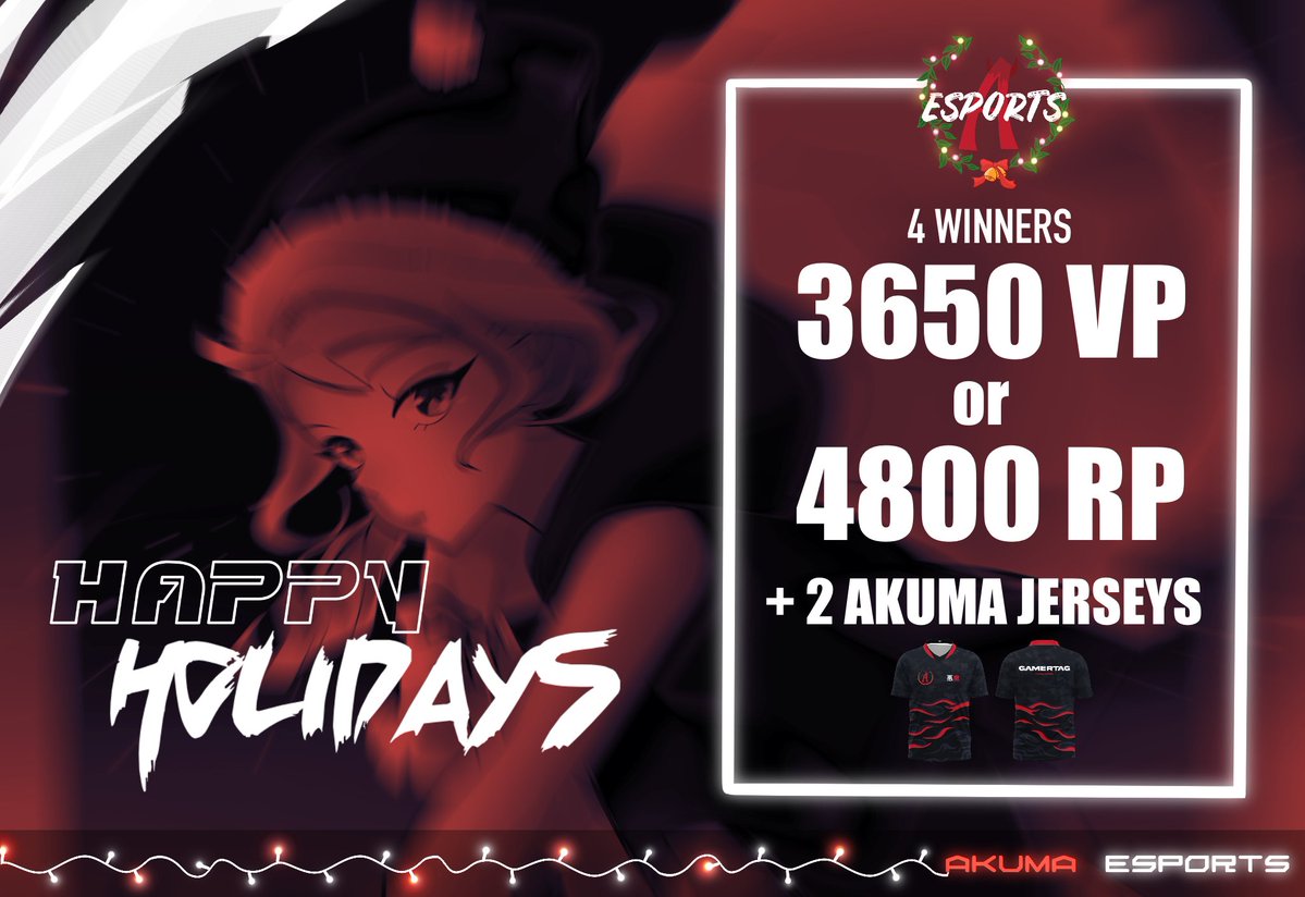 🎅 Merry Christmas and Happy Holidays from us here at Akuma Esports, it is time for our annual giveaway!🎁 This year we are giving away:

- $35 VP/RP x 2
- AKM Jerseys x 2 👀

Click on the link below to enter!
gleam.io/Z8nM6/akuma-es…