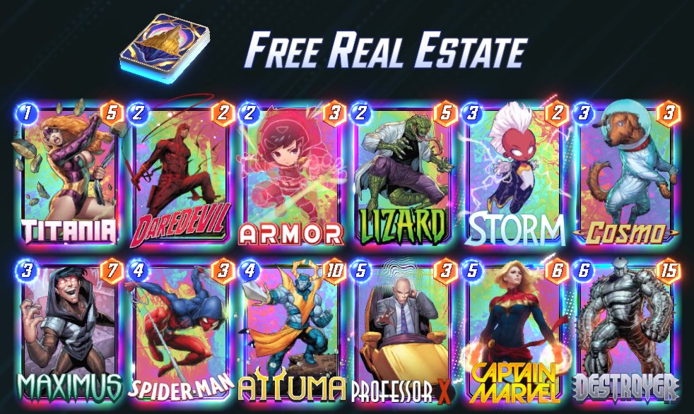 inniscor's tweet photo. Finally hit infinite on #MarvelSnap using this home brew lock deck. Titania, Lizard, Maximus, Attuma, and Destroyer are beef. The rest of the cards are just about area control. https://t.co/rXsmuoYcKZ