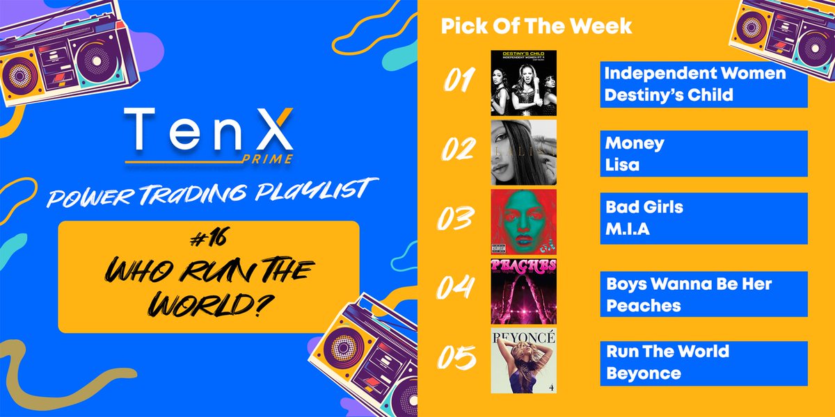 tenxprimeglobal's tweet photo. TenX Prime presents to you Power Trading Playlist #16 -
Who Run The World? Girls ! Girls !
#TenXPrime #playlist #tenshare #tradingtips #tradingmadeeasy #TenTimes #10x #GrowTenX https://t.co/dtoRNhHNuA