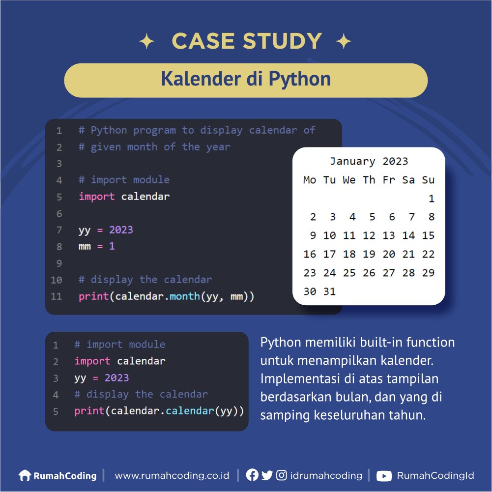 idrumahcoding's tweet photo. Halo sobat coding! balik lagi dengan study case bersama rumah coding, di minggu ini kita akan bahas mengenai tentang kalender di python ya sobat coding. nahh yuuk langsung aja deh disimak berikut ini.
.
#coding #programmer #bahasapemrograman #flutter #Training #Kursus #KursusIT https://t.co/udAE9mRga9