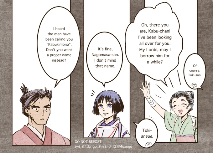 #KabukimonoTaleOfTatarasuna 
[7] かぶ

Tatarasuna people called him "Kabukimono"
And then there are some who just called him "Kabu" 😭

Also Toki is my npc oc, and that Nagamasa is my fandesign

#GenshinImpactCC 