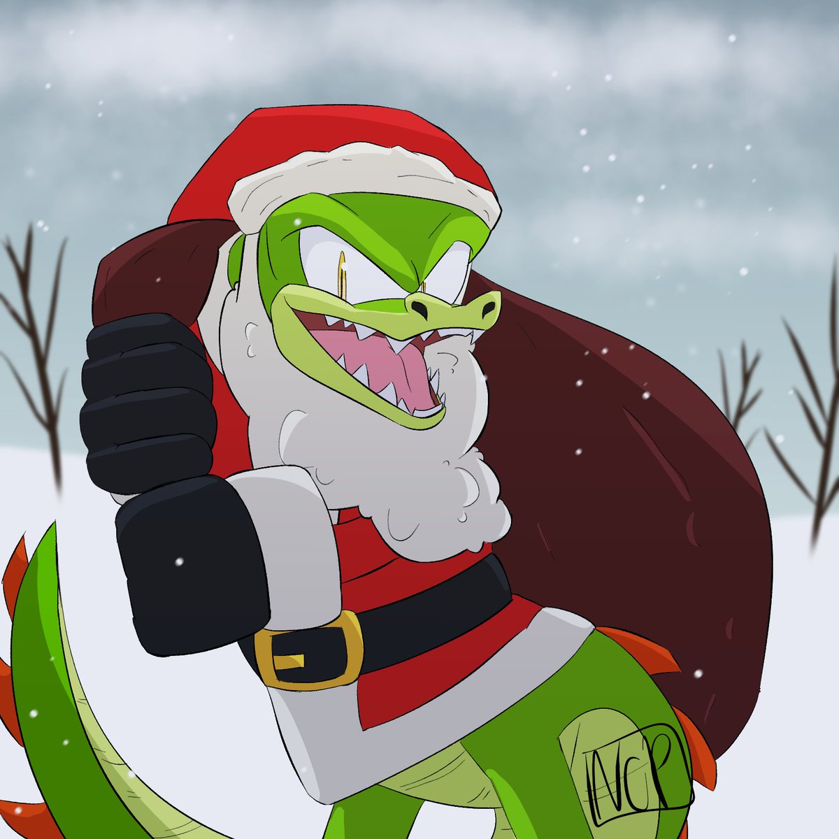 Merry Christmas/Happy Holidays @starlightseq !! Hope you enjoy Santa Vector and had a wonderful holiday!! :DD

This was actually my first time drawing Vector too so I had a lot of fun with this 
#Sonic_SecretSanta2022 #SonicTheHedgehog #vector #sonicfanart