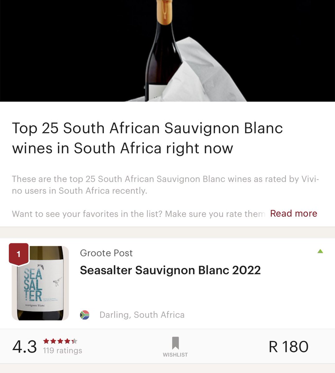 What a lovely surprise to discover that <a href="/GrootePost/">Groote Post Wines</a> Seasalter is currently ranked as the nr. 1 Sauvignon Blanc in SA on <a href="/vivino/">Vivino</a>.