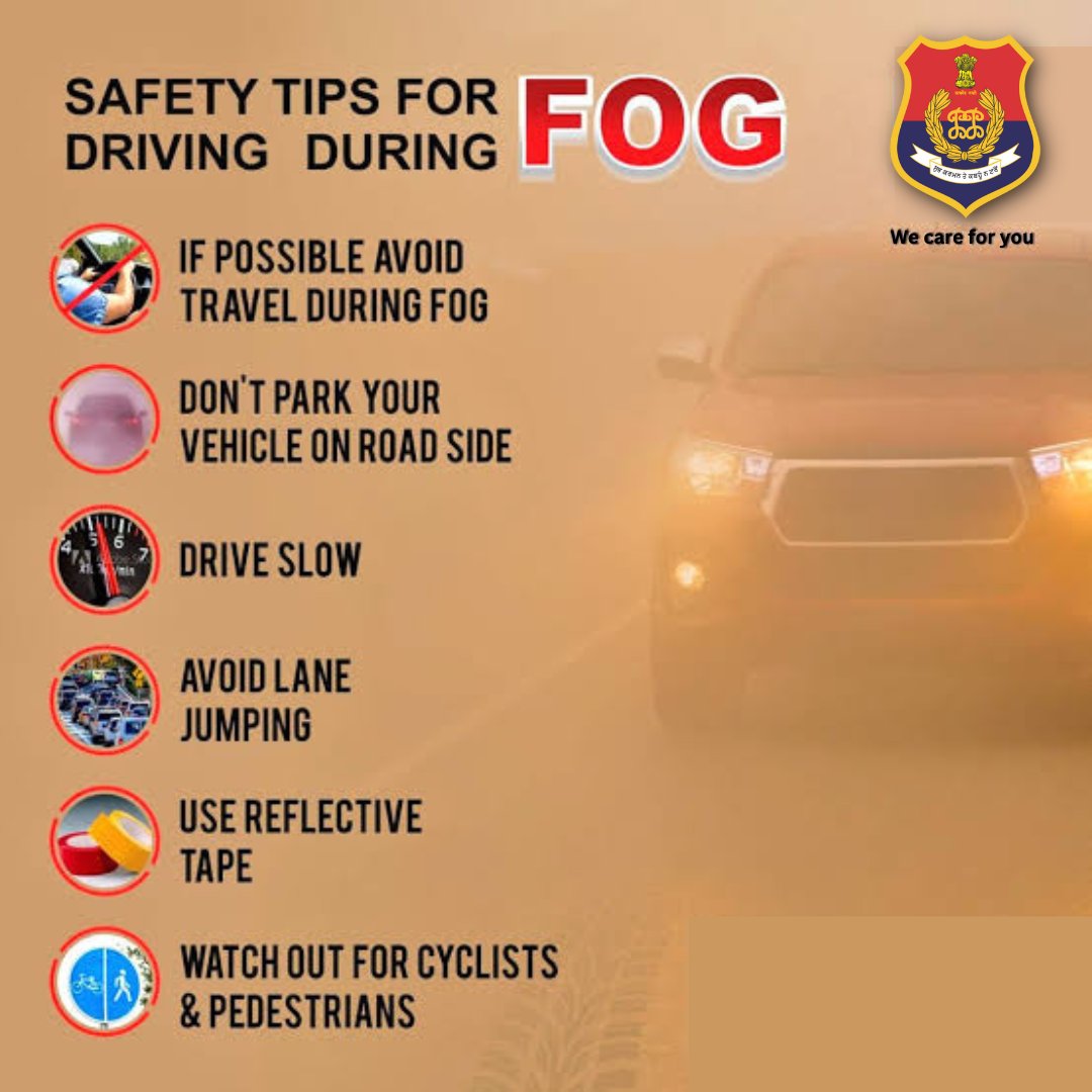 FatehgarhsahibP's tweet photo. High-beams reflect off the moisture droplets in the fog, making it harder to see. Always have your tail-lights and blinkers on so that other drivers can spot your car and maintain safe distance.
#SlowDrive #SafeDrive https://t.co/HXFlOwweAG