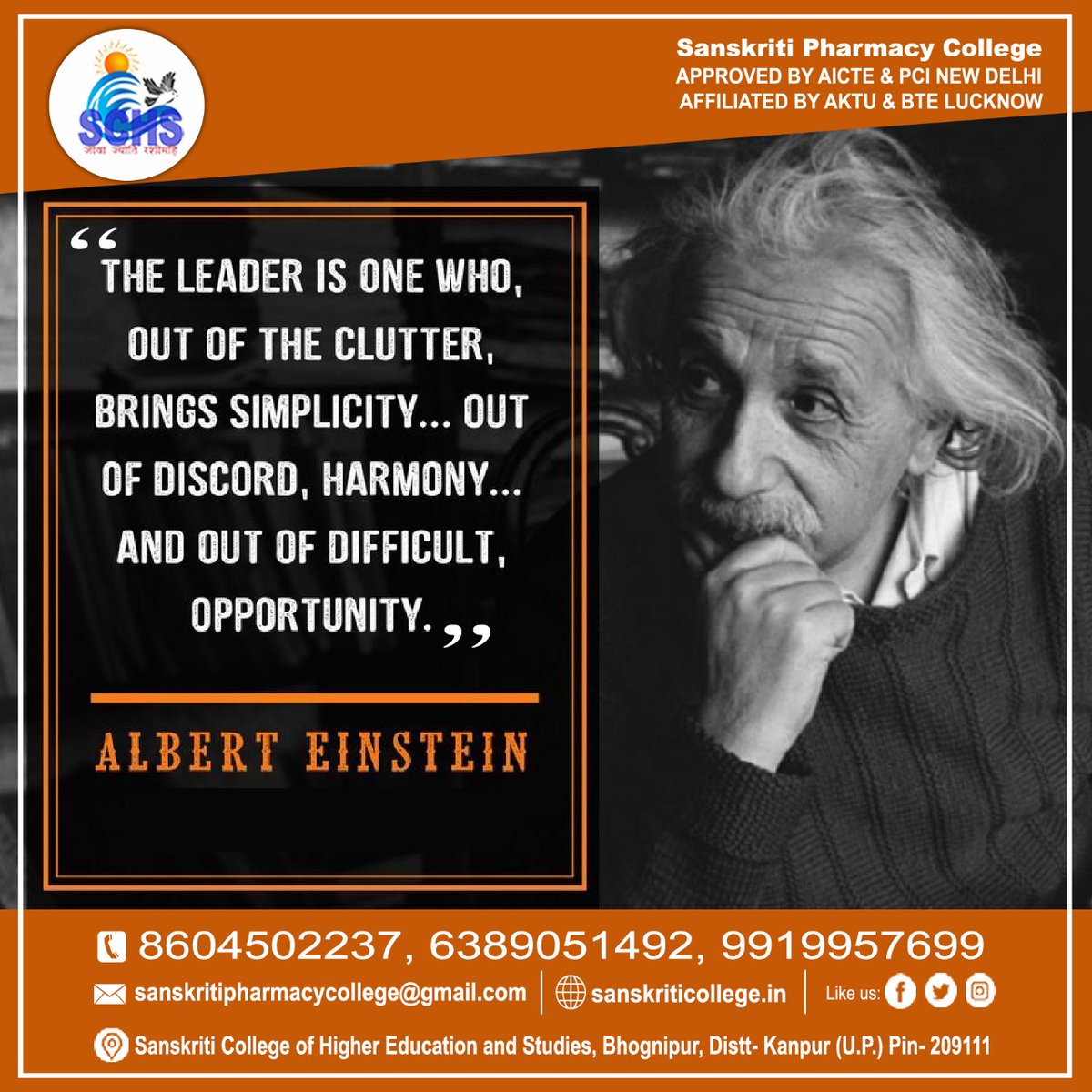 CollegeSchs's tweet photo. "The leader is one who,out of the clutter, Brings Simplicity...Out of Discord, Harmony.. and out of Difficult,Opportunity"!!
#Albert_Einstein

SCHS_Pharmacy_College
For any queries contact 📞: 8604502237, 6389051492, 9919957699
#Schs, #Diploma #Skilldevelopment
#Kanpurdehat #IT https://t.co/E3MMioNRp9