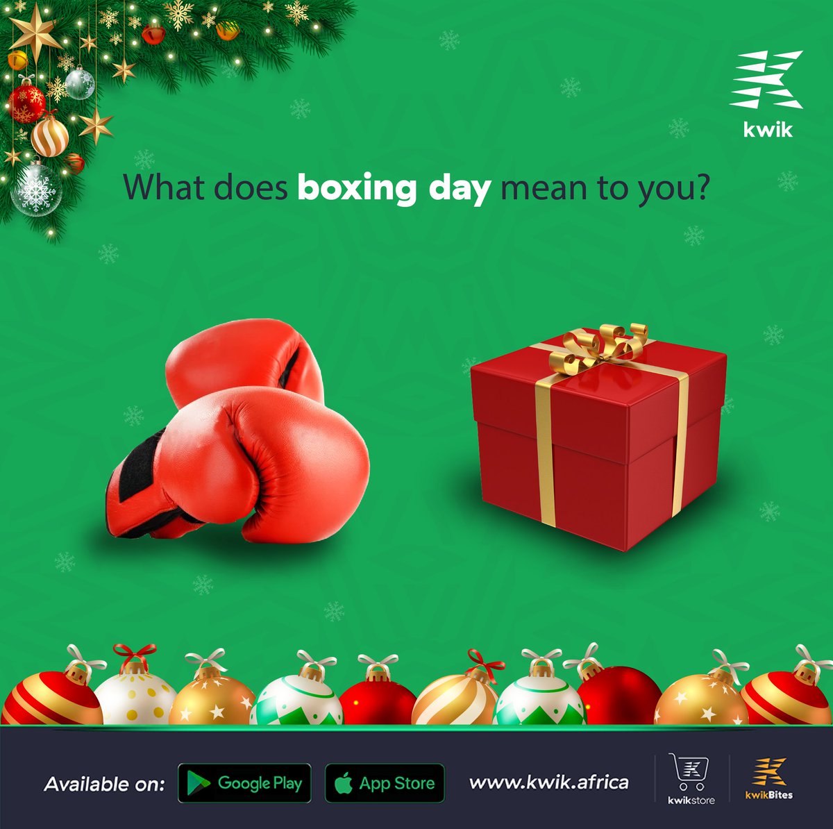 kwikafrica's tweet photo. For us, it's a day to unwrap gifts and boxes with friends and family.
Happy boxing day to you all from all of us at Kwik!
#Christmas #BoxingDay #Yuletide #SeasonsGreatings #December #Kwik #Dlivery #Logistics #Lagos #Ibadan #Abuja https://t.co/CAzwDsteVm