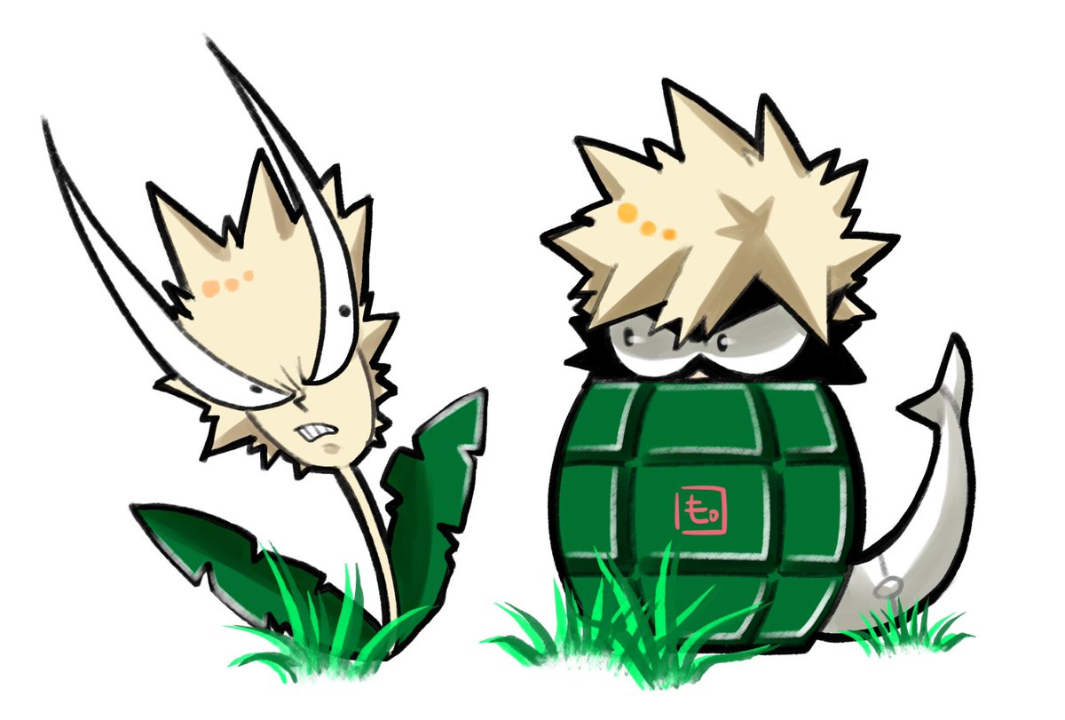 bakugou katsuki no humans white background grass simple background spiked hair pokemon (creature) looking at another  illustration images