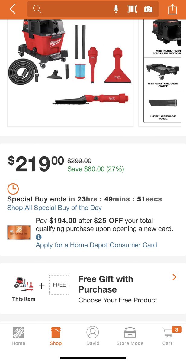 zone_tool's tweet photo. Special Buy at Home Depot with hack. Get the M18 6g vac with tools for $179. https://t.co/WzmYjur9IF