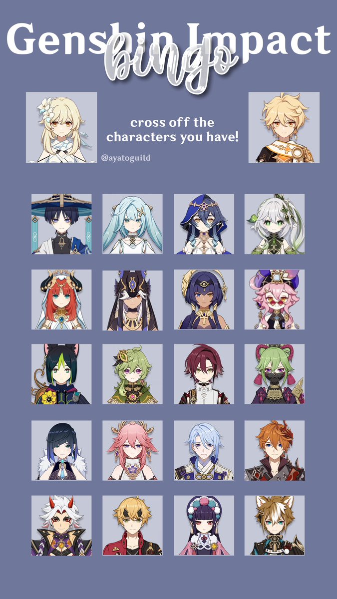 ayatoguild's tweet photo. New bingo characters game by me! #GenshinImpact #Genshin #RaidenShogun #wanderer #genshinimpact #genshincharacters https://t.co/le82frOcQz
