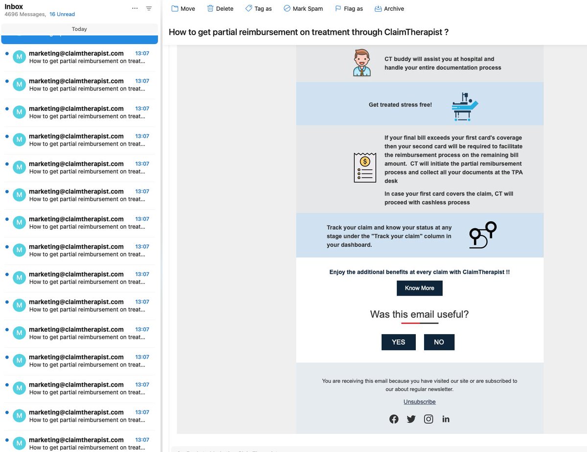 raksjay's tweet photo. @ClaimTherapist Same email sent 10 times. This is not the first occasion. Plus the "unsubscribe" button is not hyperlinked to anything. Please stop! https://t.co/ZqCsUJRl2V