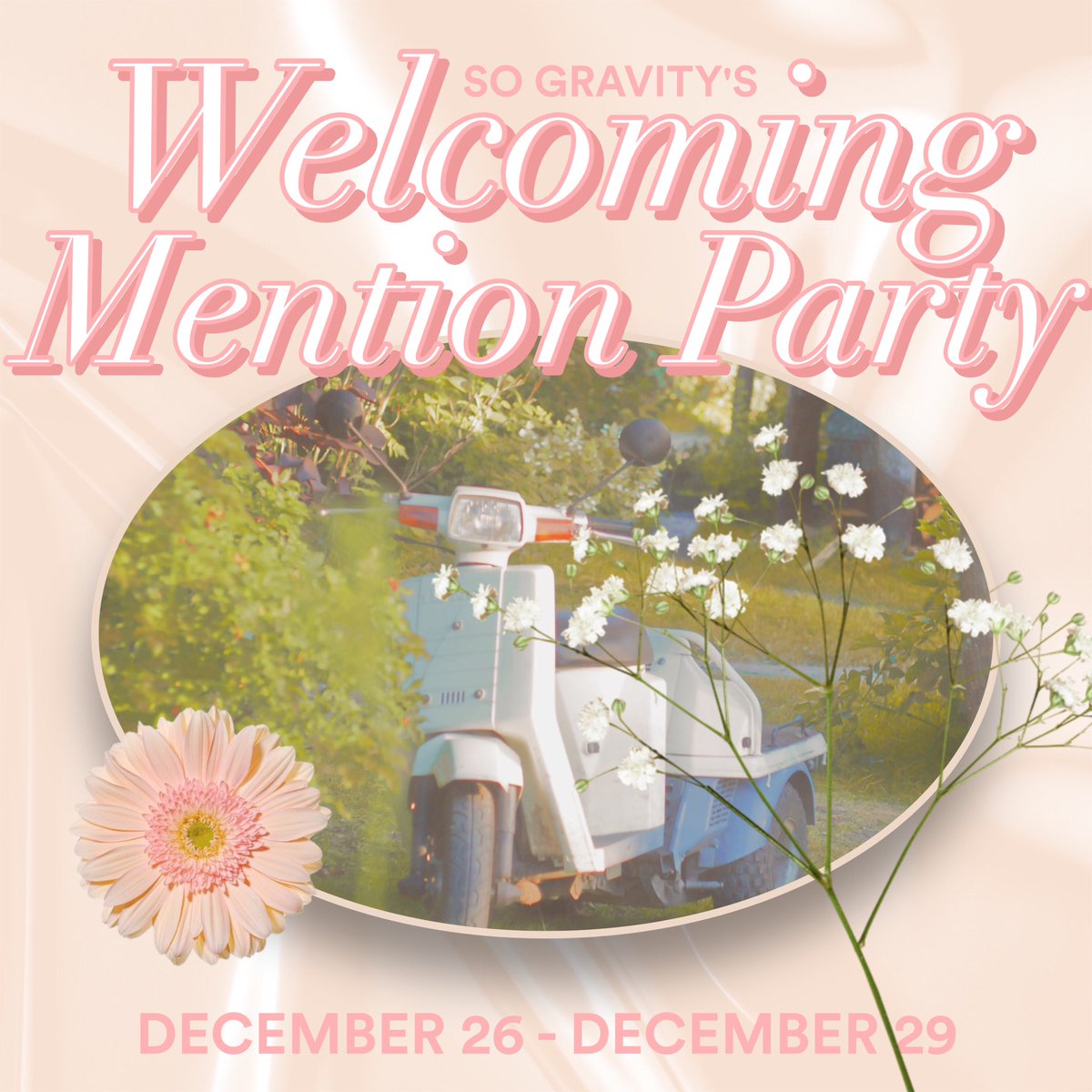 ㅤ   ㅤ   
ㅤ    ㅤIt's our new journey.  
   ㅤ        ㅤ  Shall we greet each other
   ㅤ        ㅤ        ㅤ     happily?

   ㅤ    WELCOMING MENTION PARTY
   ㅤ        ㅤ     December 26 @ 12 PM 
   ㅤ        ㅤ        ㅤ     until
   ㅤ        ㅤ     December 29 @ 8 PM
ㅤ