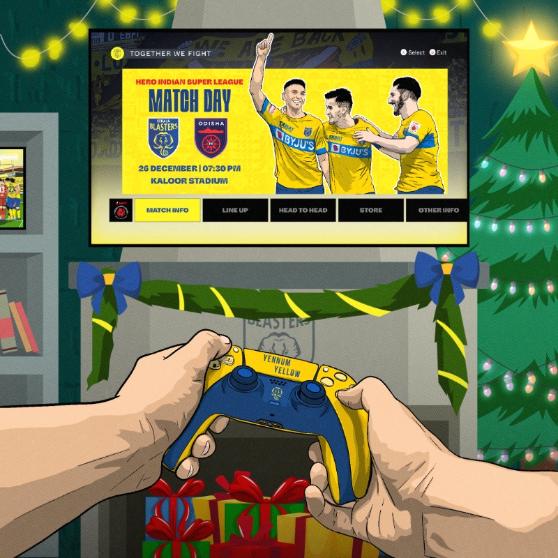 KeralaBlasters's tweet photo. 𝗚𝗔𝗠𝗘 𝗥𝗘𝗔𝗗𝗬! 🎮⚽
It's time for our final bout of 2022! 👊🏻
#KBFCOFC #ഒന്നായിപോരാടാം #KBFC #KeralaBlasters