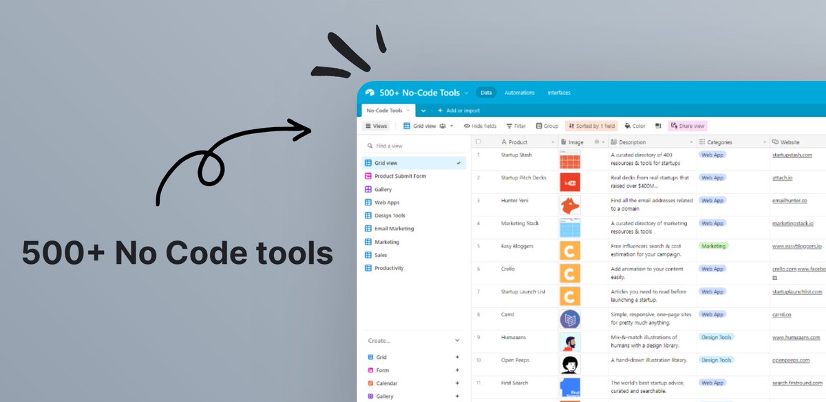 hasantoxr's tweet image. No Code is the new Trend🔥
I have curated list of " 500+ No Code tools" that will make your life super easy.
And it’s FREE for the next 24 hours.
Just:
· Follow
· Retweet
· Reply 'done'
I’ll DM a link.
(Must be following me)