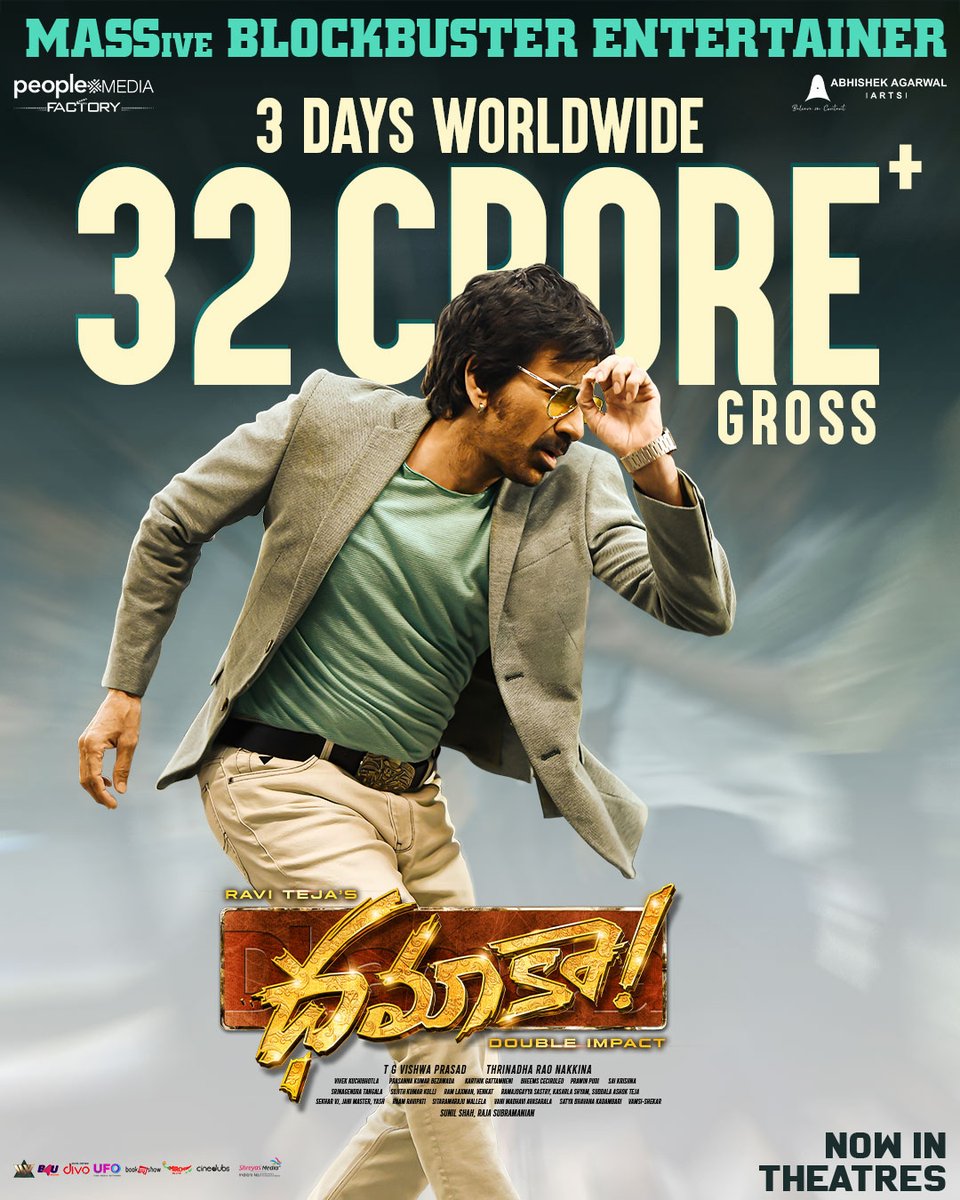peoplemediafcy's tweet photo. MassMaharaja @RaviTeja_offl 's
MASSive 3️⃣ Days
MASS Rampage 💥

#DhamakaBlockBuster in Cinemas Now 🥳🤩

#Dhamaka

Book your tickets now
https://t.co/iZ40p9utmY

@sreeleela14 @TrinadharaoNak1  @vishwaprasadtg @vivekkuchibotla   @KumarBezwada https://t.co/6sD6Ev5F7O