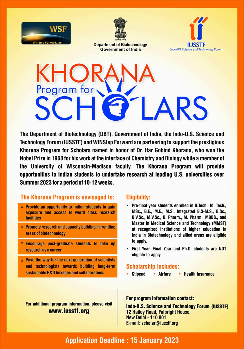 INDOUSSTF's tweet photo. Season's Greetings on behalf of the @INDOUSSTF. 
The Call for the Khorana Program for Scholars for the Year 2023 is open. The submission deadline for the applications is 15 January 2023.
Visit https://t.co/1Q4fAiIH1z for more information. 
@WinstepF @DBTIndia https://t.co/BFXsTsmXgn