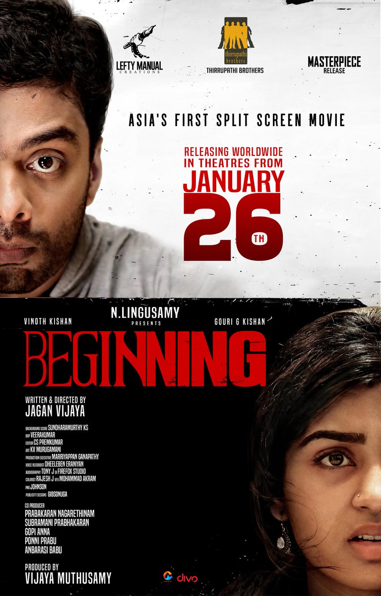 Jagan Vijaya (@jaganvijaya1) on Twitter photo Worldwide grand theatrical release on Jan 26th. Asia's first split screen movie #Beginning
<a href="/ThirrupathiBros/">Thirrupathi Brothers</a>
<a href="/LeftyManualEnt/">LeftyManualCreations</a> <a href="/masterpieceoffl/">Masterpiece</a>
<a href="/JaganVijaya1/">Jagan Vijaya</a>
<a href="/vinoth_kishan/">vinoth kishan</a>
<a href="/johnsoncinepro/">Johnson PRO</a>
<a href="/GRVenkatesh14/">GRVenkatesh</a>
<a href="/Gourayy/">Gouri G Kishan</a>
<a href="/Rohinimolleti/">Rohini Molleti</a>
<a href="/sachinmvm75/">Sachin Mani</a>
<a href="/SundaramurthyKS/">Sundaramurthy KS</a>
@ecspremkumar
<a href="/tonyato/">Tony j Antony Thomson</a> Worldwide grand theatrical release on Jan 26th. Asia's first split screen movie #Beginning
<a href="/ThirrupathiBros/">Thirrupathi Brothers</a>
<a href="/LeftyManualEnt/">LeftyManualCreations</a> <a href="/masterpieceoffl/">Masterpiece</a>
<a href="/JaganVijaya1/">Jagan Vijaya</a>
<a href="/vinoth_kishan/">vinoth kishan</a>
<a href="/johnsoncinepro/">Johnson PRO</a>
<a href="/GRVenkatesh14/">GRVenkatesh</a>
<a href="/Gourayy/">Gouri G Kishan</a>
<a href="/Rohinimolleti/">Rohini Molleti</a>
<a href="/sachinmvm75/">Sachin Mani</a>
<a href="/SundaramurthyKS/">Sundaramurthy KS</a>
@ecspremkumar
<a href="/tonyato/">Tony j Antony Thomson</a>