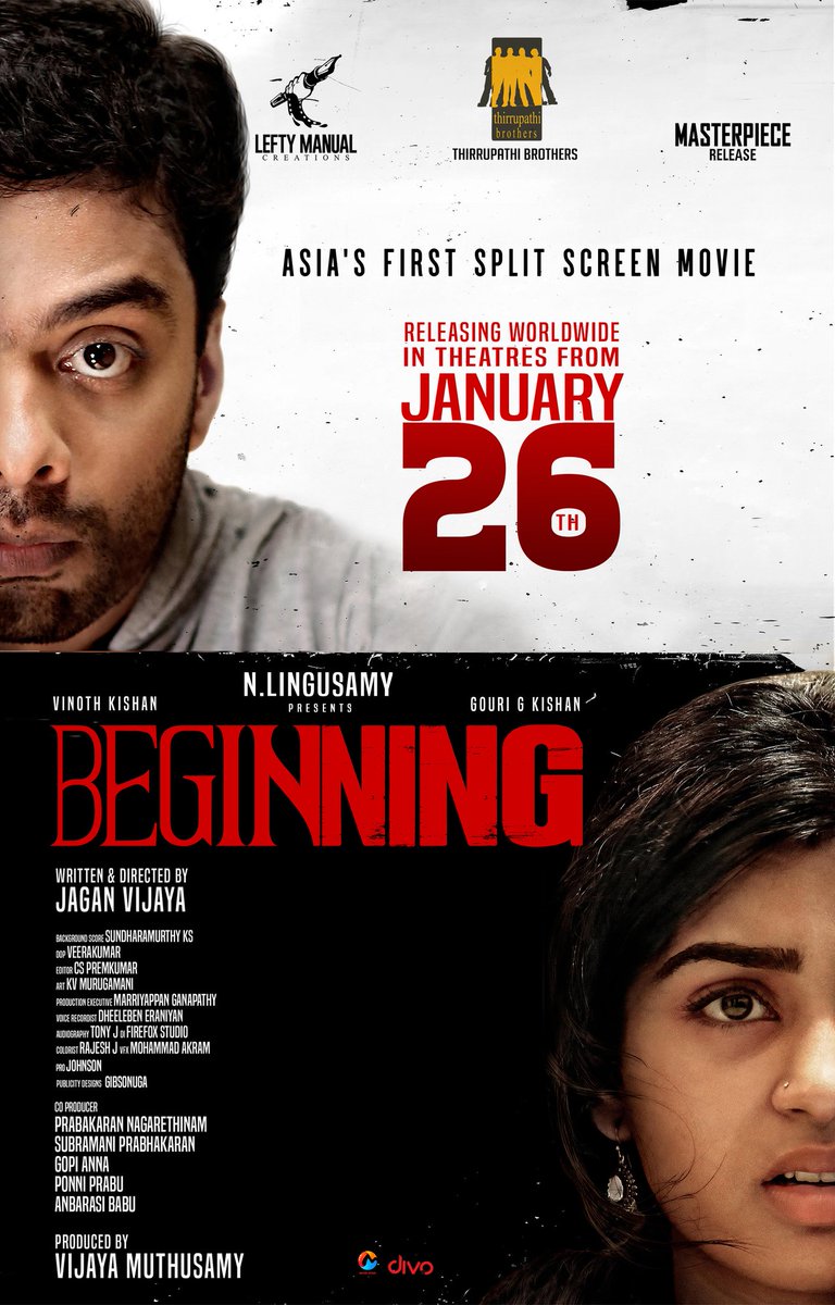 Worldwide grand theatrical release on Jan 26th. Asia's first split screen movie #Beginning @ThirrupathiBros @LeftyManualEnt @masterpieceoffl @JaganVijaya1 @vinoth_kishan @johnsoncinepro @GRVenkatesh14 @Gourayy @Rohinimolleti @sachinmvm75 @SundaramurthyKS @ecspremkumar @tonyato