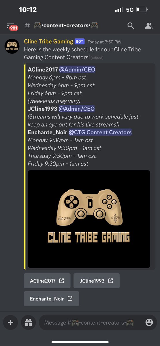 ClineTribe's tweet photo. Weekly Streaming Schedule🎮
Discord: 
https://t.co/SmUm68j0gR
CTG Streamers:
 https://t.co/1nfYgD1pVf
https://t.co/OP9kJZJnPm
https://t.co/sv5kCkoJrN 
#ClineTribeGaming
#streamer 
#smallstreamer 
#SupportSmallStreamers https://t.co/YOV2CI2J0w