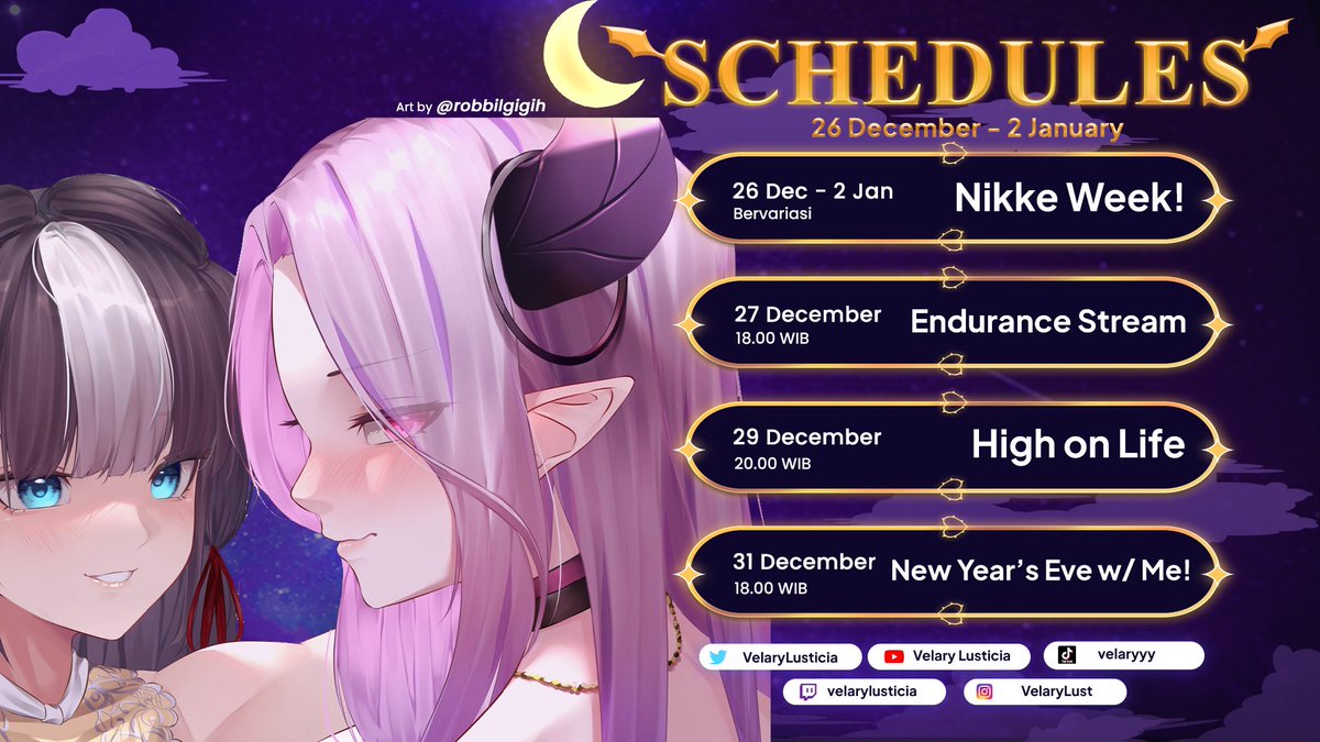 VelaryLusticia's tweet photo. Velary's 26th December - 2nd January Schedule💜

Busy week! Don't forget to come and say hi~

🟣Tags:
#VelaryLusticia (General)
#VelAlbum (Art)
#VelClips (Clip)
#LUSTicia (NSFW)

🟣You can find my streams on:
https://t.co/viul6wP279 https://t.co/pfNQv9bTlT